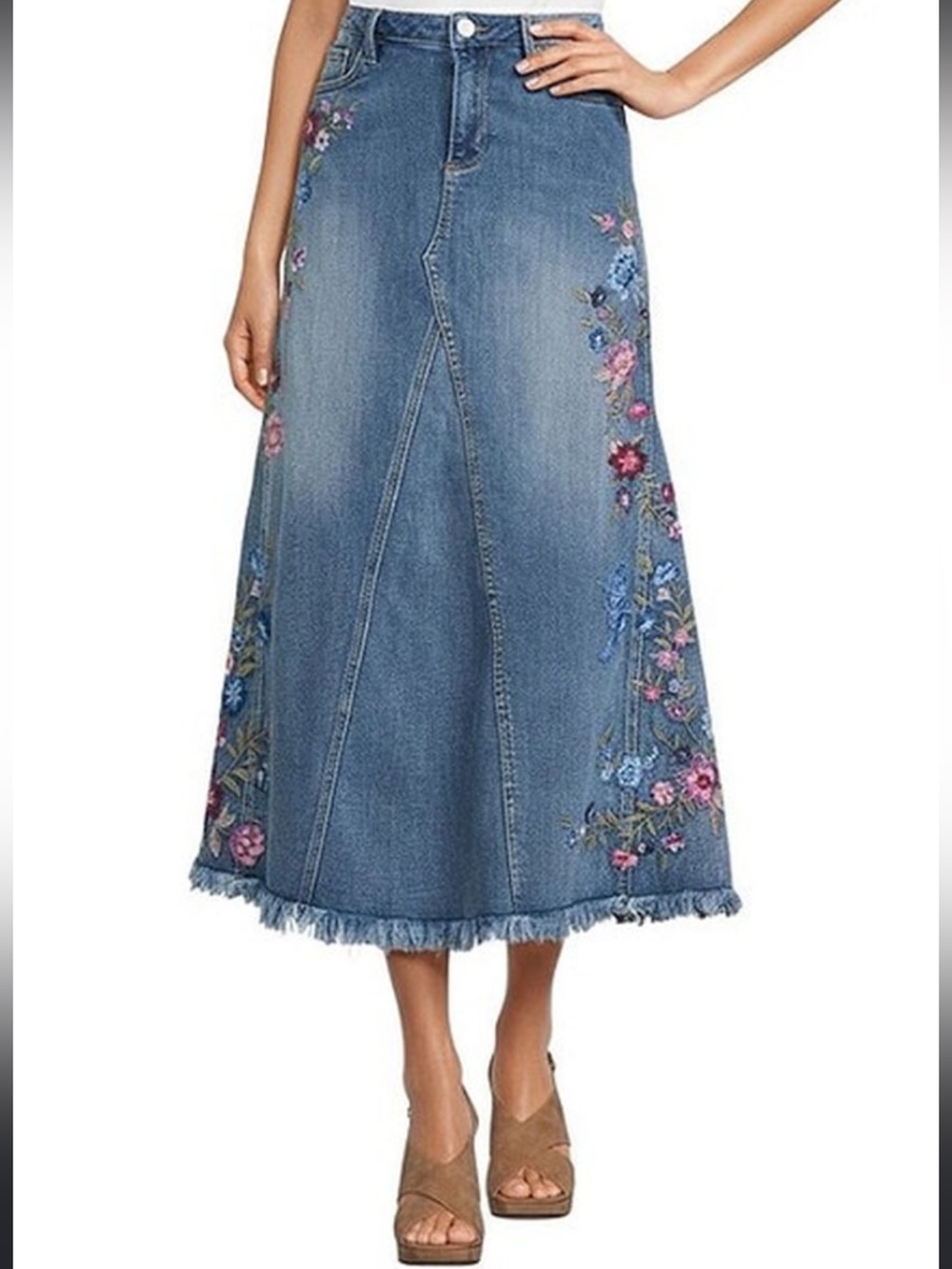 DRIFTWOOD  stretch Blue Denim Maxi Skirt with  Floral Embroidery